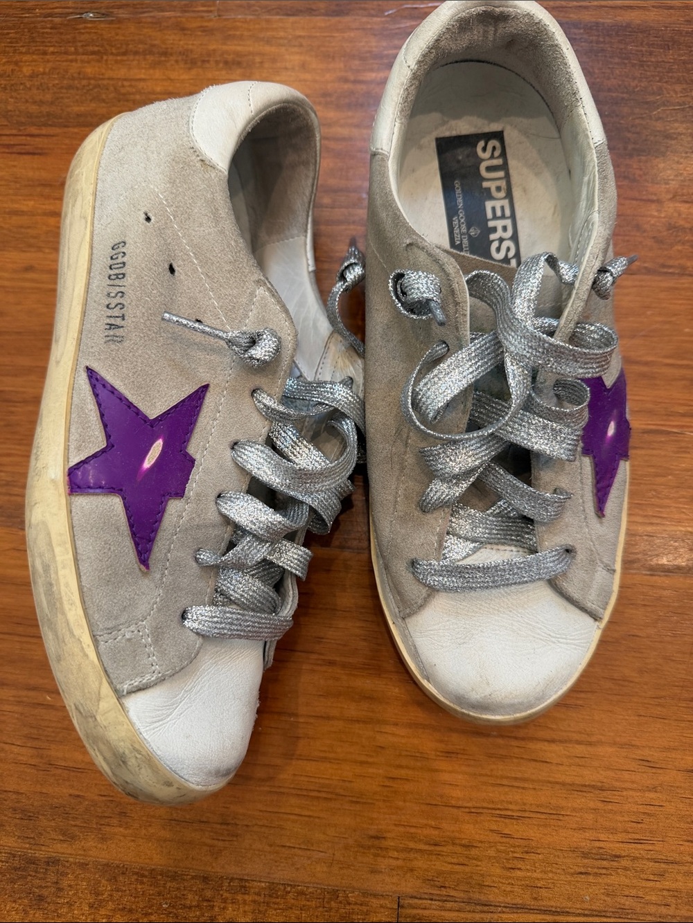 Golden Goose Beige Suede Sneakers with Purple Star